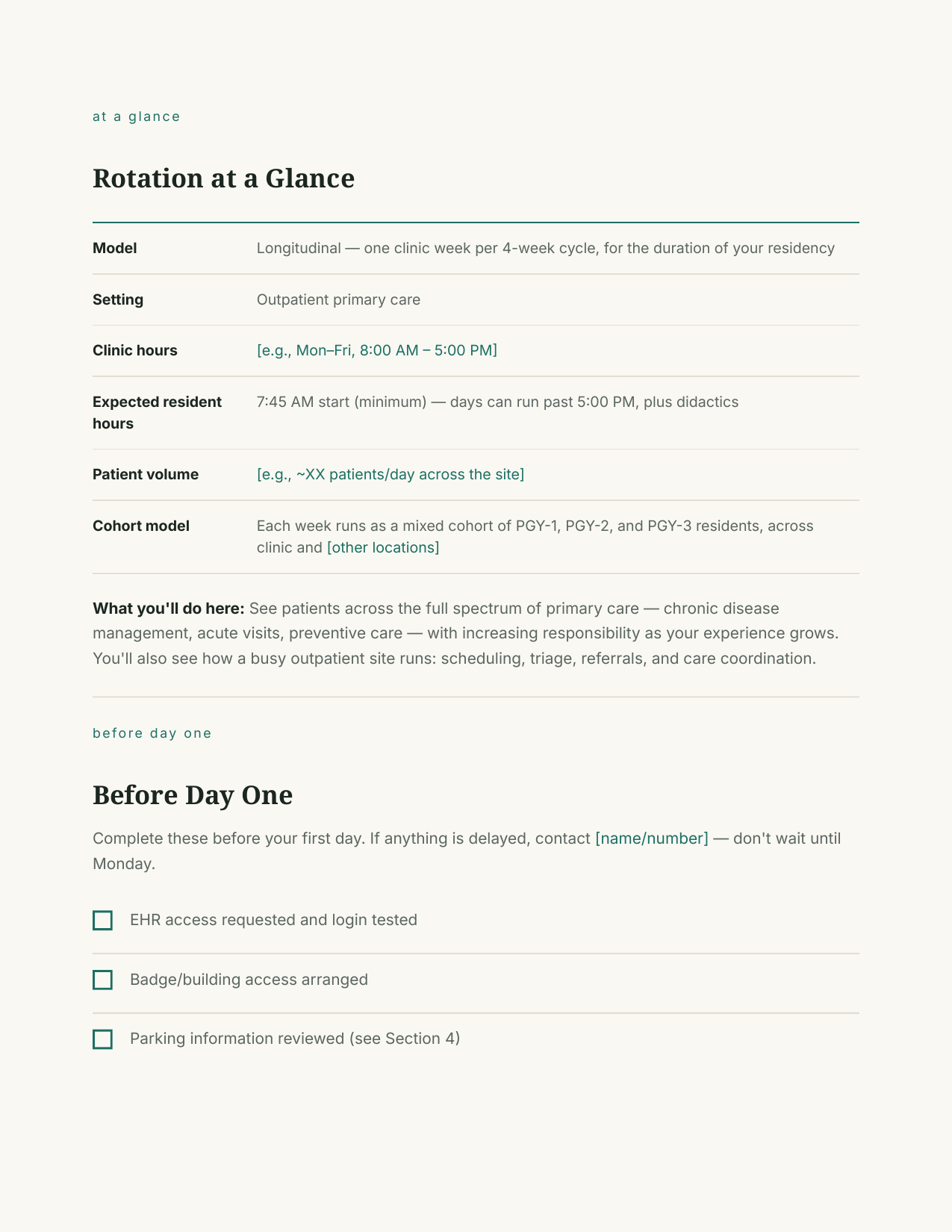 Preview of a Residency Coordinator's Pack document: Rotation at a Glance